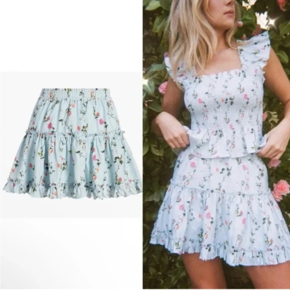Hill House 100% Linen Pond Floral The Paz Tiered Ruffle Mini Skirt SZ Small - Picture 4 of 11